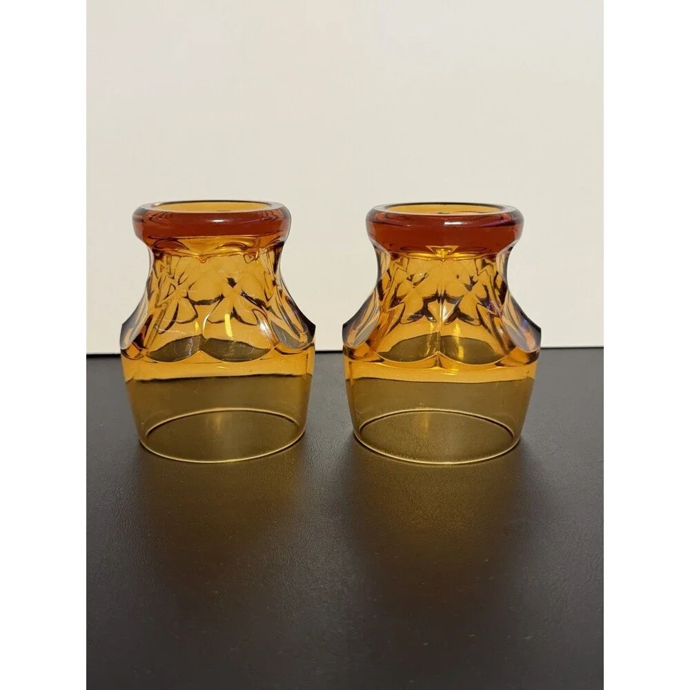 Vintage Amber Glass Whiskey Tumblers Rocks Glasses Set of 2 Mid Century Modern
